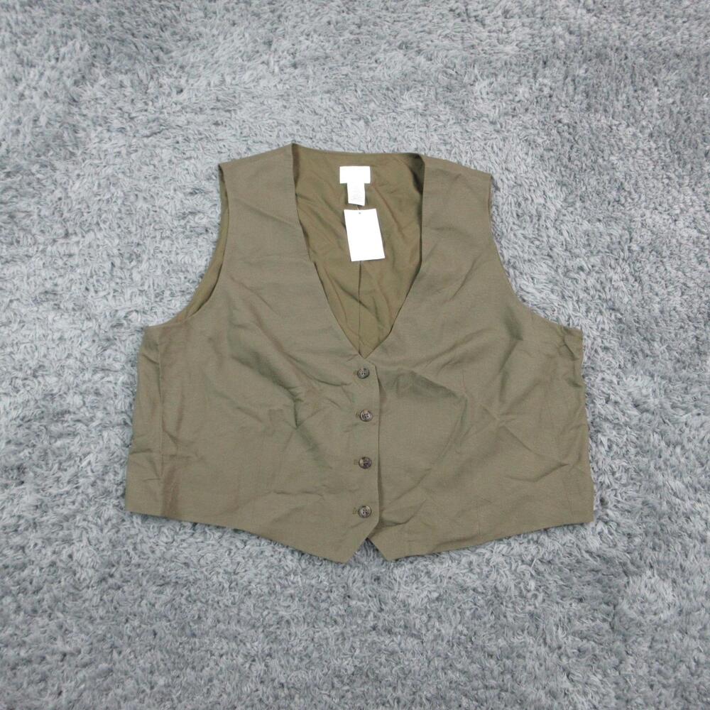 H&M Suit Vest Womens XL Green Linen Blend Five Button Belted Back NWT